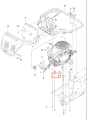 Śruba dwustronna R214, Husqvarna, metalowa, cylindryczna, z gwintami po obu stronach. Widoczna w detalach montażowych, z oznaczeniem numeru 2. Produkt znajduje się w układzie części silnika, w pozycji pionowej. Tło proste, techniczne.