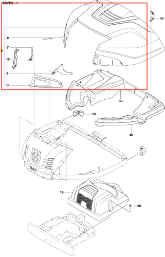 Zespół maski silnika ridera R215TX Husqvarna w czerni i szarości, z rozłożonymi elementami, widocznymi mocowaniami, numerami części i logo Husqvarna.