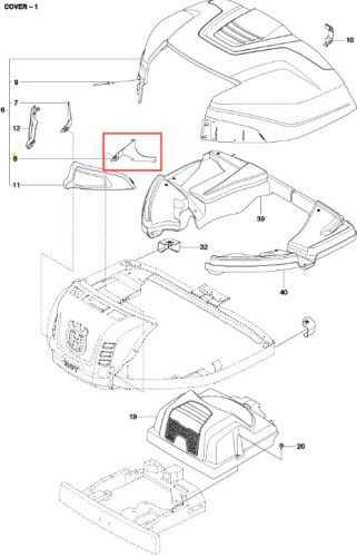 Zawias ridera R215TX Husqvarna, czarny metalowy element o ergonomicznym kształcie i wyraźnej teksturze, montowany z boku urządzenia, widoczny na schemacie części.