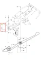 Prowadnik pasa ridera R215TX Husqvarna przedstawia części detali w schemacie. Element w centrum jest metalowy, o kształcie litery L, z widoczną żółtą końcówką. Pozostałe elementy są przedstawione w formie numerowanych rysunków technicznych.