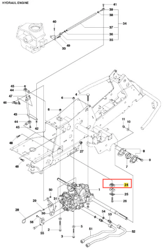 Zacisk rury ridera R216AWD Husqvarna, metalowy element, w kolorze szarym, z wyraźnymi napisami. Ujęcie frontalne, element leżący na prostej powierzchni, otoczony liniami rysunku technicznego. Widoczne mocowania i detale konstrukcyjne.