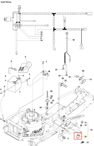 Wyłącznik zapłonu ridera R216 Husqvarna w wersji 2D, metalowa szara obudowa, widok z boku, numery identyfikacyjne, miejsca mocowania, na tle prostego schematu elektrycznego.