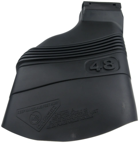 Deflektor ridera R220T Husqvarna w kolorze czarnym, wykonany z tworzywa sztucznego. Ujęcie z boku, ukazuje profil deflektora z widocznymi wypustkami i numerem 48. Posiada tekst z ostrzeżeniem o niebezpieczeństwie.