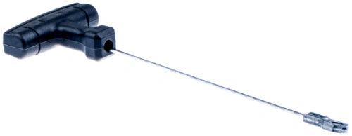 Zespół uchwytu ridera R418Ts Husqvarna w kolorze czarnym, wykonany z plastiku. Produkt ma ergonomiczny uchwyt oraz metalowy pręt, zakończony elementem mocującym. Widok z boku, leżący na jednolitym tle.