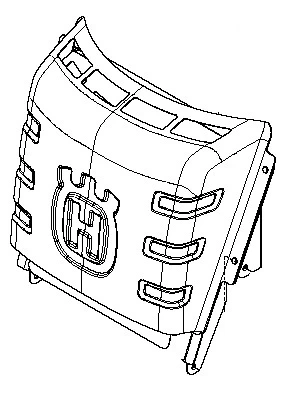 Osłona cieplna ridera R418Ts Husqvarna, montowana z boku, z widocznym logo Husqvarna. Wykonana z solidnego materiału, z wycięciami dla wentylacji, w kolorze czarnym. Kąt ujęcia z przodu, ukazujący kształt i detale konstrukcyjne.