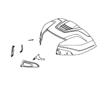 Zespół maski silnika ridera R220T Husqvarna, w atrakcyjnym kolorze, z widocznymi antystatycznymi elementami montażowymi. Główna część ma aerodynamiczny kształt, a dodatkowe akcesoria i detale montażowe są rozmieszczone obok.