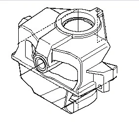 3D model wrzeciona ridera R418Ts Husqvarna, z boku, z widocznymi mocowaniami i okrągłymi otworami; neutralny kolor, bez oznaczeń, skupiony na detalach konstrukcyjnych.