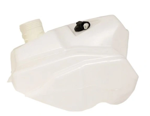 Zbiornik paliwa w kolorze białym, wykonany z tworzywa sztucznego, o opływowym kształcie. Widoczny wlew z zakrętką oraz miejsce montażu. Ujęcie z boku ukazuje detal konstrukcyjny. Produkt jest nowy, gotowy do użycia.
