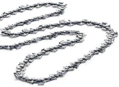 Łańcuch metalowy do pilarki Husqvarna R419Ts o srebrzystym kolorze, z widocznymi ogniwami i zębatkami, ułożony na białym tle w formie rozwiniętej. Istotna jest jego długość dla użytkowania.