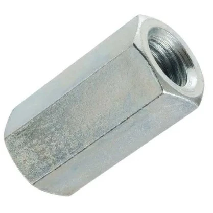 Nakrętka ridera RC318T Husqvarna w metalicznym, błyszczącym wykończeniu. Ujęcie z boku, ukazujące sześciokątny kształt i gwint wewnętrzny dostosowany do montażu. Produkt samodzielny, na prostym tle, idealny do zastosowań w ogrodnictwie.