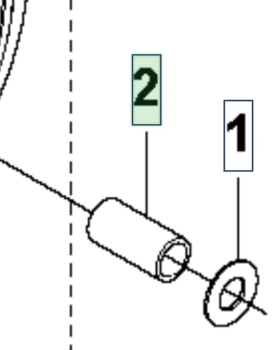 Tuleja ridera RC318T Husqvarna, metalowa, cylindryczna, widać otwory na końcach. Element montażowy umieszczony w pozycji poziomej, z oznaczeniami 1 i 2, na prostym tle. Wymiary i szczegóły montażu mogą być kluczowe dla użytkowania.