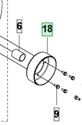 Bęben hamulca RC318T Husqvarna w ujęciu frontalnym, widoczny na tekturowym rysunku technicznym. Detal zawiera metalowe mocowania oraz otwory na śruby. Element jest okrągły oraz gładki, z oznaczeniami numerów części 6, 9 i 18.