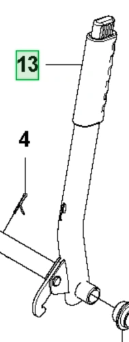 Zespół dźwigni podnośnika ridera RC318T Husqvarna, widoczny z boku, z oznaczeniami 13 i 4, metalowe srebrne elementy, cylindryczna dźwignia, mocowania i uchwyty oraz fragmenty konstrukcji podnośnika.