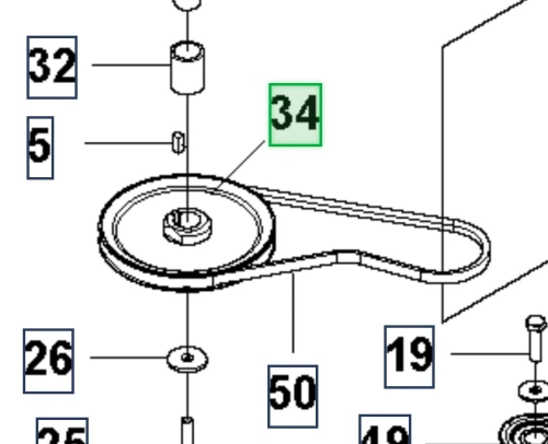 Koło pasowe kpl. ridera RC318T Husqvarna w widoku z boku, z detalami mocowania. Produkt okrągły, metaliczny, z centralnym otworem, z widoczną etykietą z numerem katalogowym. Zestaw części prezentowany na prostym tle, ułatwiającym identyfikację.
