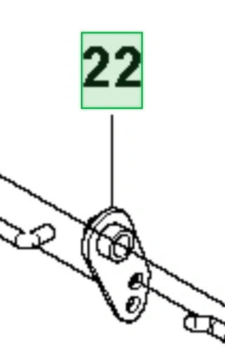 Zespół łącznika ridera RC318T Husqvarna, widoczny z boku, pokazuje metalowy element w kolorze srebrnym z dwoma otworami do mocowania. Na zdjęciu widoczny jest także numer 22 na zielonym tle, wskazujący jego pozycję w schemacie.