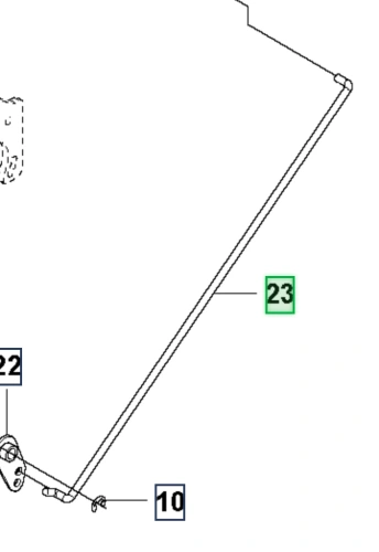 Drążek ridera RC318T Husqvarna w układzie od góry, widoczny z boku. Metalowy, prosty, srebrny, o gładkiej powierzchni, z mocowaniem i widocznymi numerami części (10, 22, 23). Produkt w stanie nowym, na białym tle.