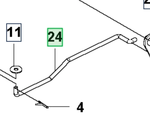 Drążek ridera RC318T Husqvarna w kolorze srebrnym, z metalową konstrukcją, pokazany z boku. Widoczne oznaczenia numeryczne 11 i 24. Ujęcie przedstawia detale mocowania i kształt drążka. Tło proste, biało-szare, podkreślające produkt.