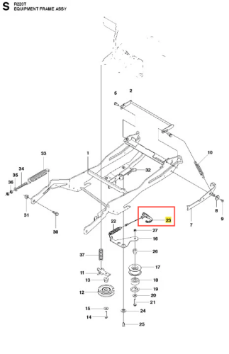 Zespół uchwytu ridera R220T Husqvarna, metalowy komponent w kształcie litery L, umieszczony w dolnej części, z widocznymi mocowaniami i numerem 23. Element z detali montażowych, na schemacie przedstawiającym całą konstrukcję.