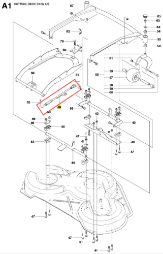 Zespół wału równoległego do ridera R220T Husqvarna, metalowy, prostokątny komponent, widoczny z boku. Wyróżnia się wyraźnymi oznaczeniami numerów i miejscu montażu. Gotowy do instalacji, w otoczeniu elementów sekcji tnącej.