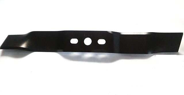 Nóż do kosiarki Alko o długości 46,3 cm, czarny, wykonany z metalu. Ujęcie frontalne ukazuje trzy otwory montażowe oraz wyprofilowane krawędzie tnące. Tło białe, co podkreśla detale produktu.