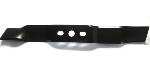 Nóż do kosiarki Alko o długości 46,3 cm, czarny, wykonany z metalu. Ujęcie frontalne ukazuje trzy otwory montażowe oraz wyprofilowane krawędzie tnące. Tło białe, co podkreśla detale produktu.