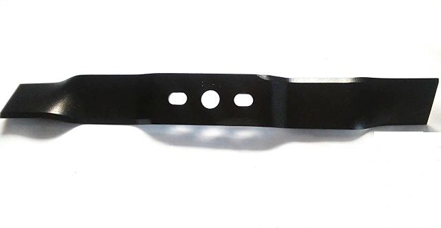 Nóż do kosiarki Alko o długości 46,3 cm, czarny, wykonany z metalu. Ujęcie frontalne ukazuje trzy otwory montażowe oraz wyprofilowane krawędzie tnące. Tło białe, co podkreśla detale produktu.