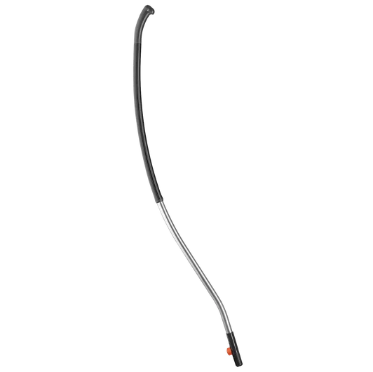Aluminiowy trzonek Combisystem o długości 150 cm w kolorze srebrnym. Widok frontalny, z lekko zakrzywioną linią. Na końcu trzonka czerwony element mocujący, a jego powierzchnia jest gładka, metaliczna. Bez dodatkowych elementów w tle.