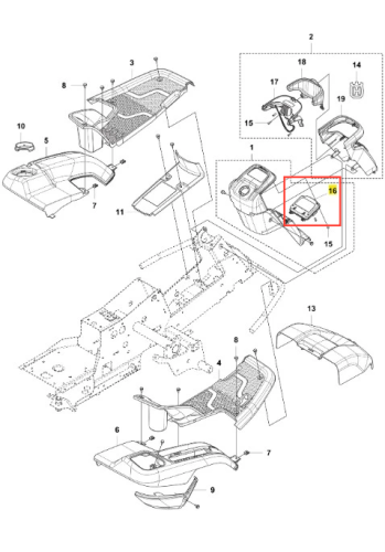 Graficzny wyświetlacz ridera R316TX Husqvarna z detalem nr 16 o unikalnym kształcie. Kolory odpowiadają oryginalnym częściom, na neutralnym tle, podkreślającym konstrukcyjne detale.