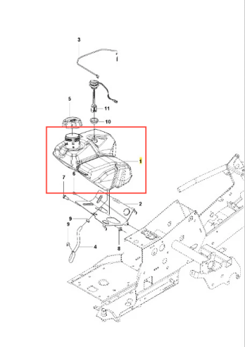Zbiornik paliwa R316TX Husqvarna, czarny prostokątny plastikowy, z przodu otwór wlewu z zakrętką, ustawiony poziomo, z elementami montażowymi w otoczeniu.