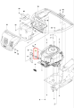 Zbliżenie na rurę wydechową Ridera R318C Husqvarna. Produkt wykonany z metalu, w kolorze czarnym. Pokazuje elementy montażowe, takie jak mocowanie i kolektor. Rura jest stojąca, z widocznymi numerami części i logo Husqvarna. Tło jasne.