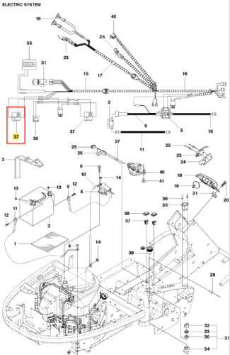 Wyłącznik R418Ts Husqvarna, czarny, okrągły, plastikowy, z oznaczeniem. Widok frontalny z widocznymi przewodami, na prostym tle dla łatwej identyfikacji.