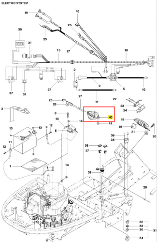 Wyłącznik R418Ts Husqvarna z boku, zbliżenie na montaż. Widoczny kształt, kolor i oznaczenia na neutralnym tle.