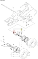 Śruba ridera R418Ts Husqvarna w kolorze stalowym, z gwintem na końcu. Widoczna na diagramie w zestawie komponentów koła, z elementami montażowymi. Ujęcie z boku, ukazujące detale strukturalne. Przeznaczona do montażu w systemie podpory.