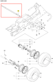 Oś przednia ridera R418Ts Husqvarna, prosta, cylindryczna część wykonana z metalu, z oznaczeniami numerów części. Widok z góry pokazuje szczegóły mocowań. Element montowany w konstrukcji urządzenia, odpowiedni do obsługi kół.