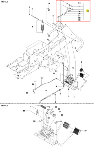 Zestaw blokady hamulca R418Ts Husqvarna z metalowymi elementami, widoczny z przodu na białym tle. Detale mocowań, kabli oraz numery części i napisy. Zbliżenia mechanizmu pedałów i połączeń.