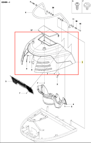 Zespół maski silnika Ridera R418Ts Husqvarna w ciemnoszarym kolorze z wentylacją, gładką fakturą i logo Husqvarna, ujęcie z góry, przygotowany do montażu.