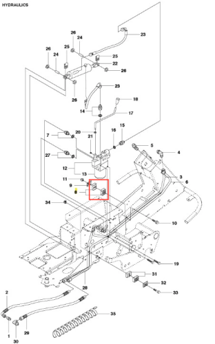 Metalowy zacisk rury ridera R418Ts Husqvarna, szary, prostokątny, z wieloma otworami montażowymi, połączenie rur hydraulicznych, widok frontalny na schemacie hydraulicznym.