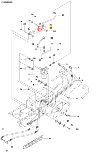 Schemat hydrauliczny zespołu cylindra ridera R418Ts Husqvarna. Elementy przedstawione w formie czarno-białych linii i numerów, pokazujące różne komponenty układu hydraulicznego, w tym węże i złącza. Widok z góry, bez tła.