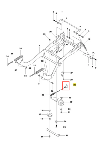 Zespół uchwytu ridera R418Ts Husqvarna, przedstawiony w widoku z góry. Uchwyt w kolorze czarnym z metalowymi detalami, widoczny w kontekście montażu. Oznaczenia i numery części umieszczone obok uchwytu, co ułatwia identyfikację.