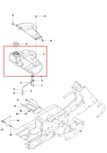 Zbiornik paliwa R418Ts Husqvarna w kształcie prostokątnym, wykonany z tworzywa sztucznego, w kolorze czarnym. Z góry widoczne otwory i pokrywa do uzupełnienia paliwa. Ujęty z boku, zamontowany na podwoziu. Na wierzchu wyraźne otwory wentylacyjne.