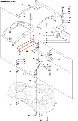 Metalowy, prostokątny zespół wału równoległego ridera Husqvarna R418Ts, z mocowaniami i otworami śrubowymi, stalowy matowy, widoczny z boku na białym tle w schemacie montażowym.