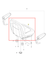Fotel kompletny ridera R418Ts Husqvarna, widok z boku. Element tapicerowany, ergonomiczny kształt. W budowie widoczne akcesoria: lewy i prawy podłokietnik oraz elementy mocujące. Tło proste, jasno określone detale struktury fotela.