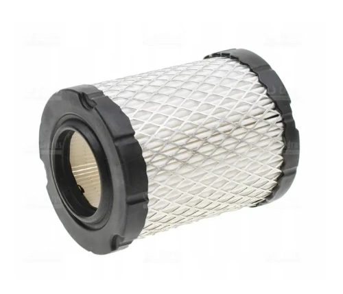 Okrągły filtr powietrza Briggs&Stratton do kosiarki i traktorka. Metalowa siatka z wyraźnym wzorem na obudowie, czarny plastikowy brzeg. Widok z boku, leżący na płaskiej powierzchni. Wyraźne otwory umożliwiające przepływ powietrza.