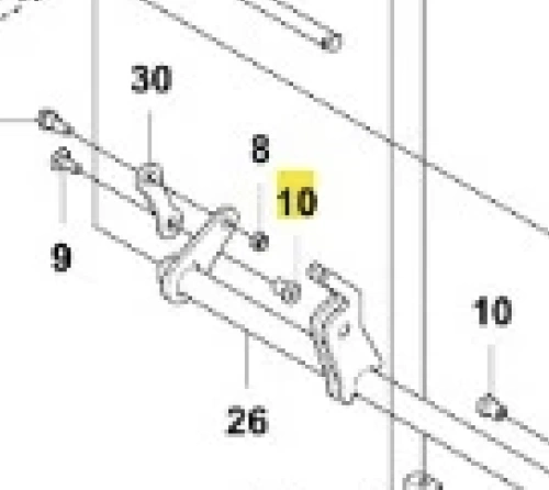 Nakrętka z kołnierzem R418Ts Husqvarna, metalowa, w kształcie cylindrycznym, z wyraźnym oznaczeniem nr 10. Widok z góry, na schemacie montażowym, z elementami mocującymi i rurkami w tle, na białym tle.