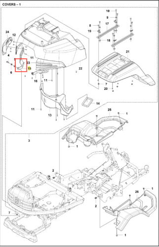 Zawias ridera R418Ts Husqvarna, widoczny z boku, z detalem montażowym. Produkt ma prostokątny kształt z metalicznej powierzchni, przydatny w mocowaniu osłon. Na zdjęciu znajduje się w schemacie zestawu do montażu. Tło jest w jednolitym kolorze.