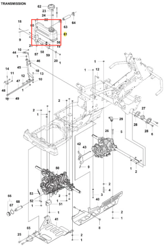 Zbiornik rozprężny do ridera Husqvarna R418Ts. Czarny, prostokątny zbiornik z wyraźnymi napisami. Widok z przodu, umieszczony w pozycji montowanej. Przeznaczony do układu hydraulicznego, detaliczne mocowanie i otwory na przewody. Tło neutralne.