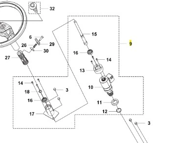 Widok na schemat wspomagania kierownicy R418Ts Husqvarna, przedstawiający kluczowe komponenty, w tym elementy mocujące i przewody hydrauliczne. Szczegóły techniczne widoczne w formie numerowanych części i symboli. Tło proste, białe.