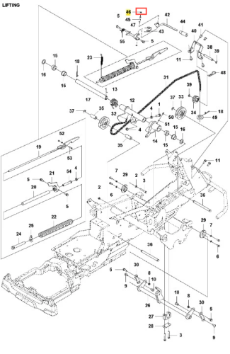 Zacisk ridera R419Ts Husqvarna, widok z boku, w pozycji montowanej. Element metalowy o smukłym kształcie, czarny, z czytelnym oznaczeniem numeru 46. Widoczne otwory do mocowania, bez dodatkowych detali dekoracyjnych. Tło proste, białe.