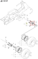 Piasta ridera R422Ts Husqvarna, widoczna z przodu, prezentuje metalową konstrukcję w kolorze szarym, z detalami mechanicznymi. Zawiera mocowania do kół, a także oznaczenia techniczne. W tle prosty, biały kolor podkreślający szczegóły produktu.