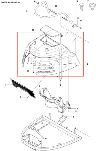 Czarna maska silnika ridera R422Ts Husqvarna, widoczna z góry, z aerodynamicznym kształtem, teksturami i żłobieniami, wykonana z tworzywa sztucznego z otworami montażowymi.